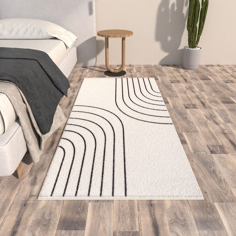 Simple Line Rug Polyester White Rug Tear Resistant Rug for Bedroom