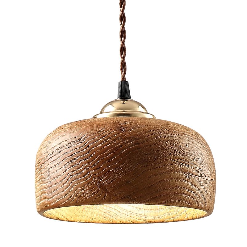 Brown Drum Ceiling Lighting Modernist 1 Bulb Wood Hanging Light Fixture for Dining Room