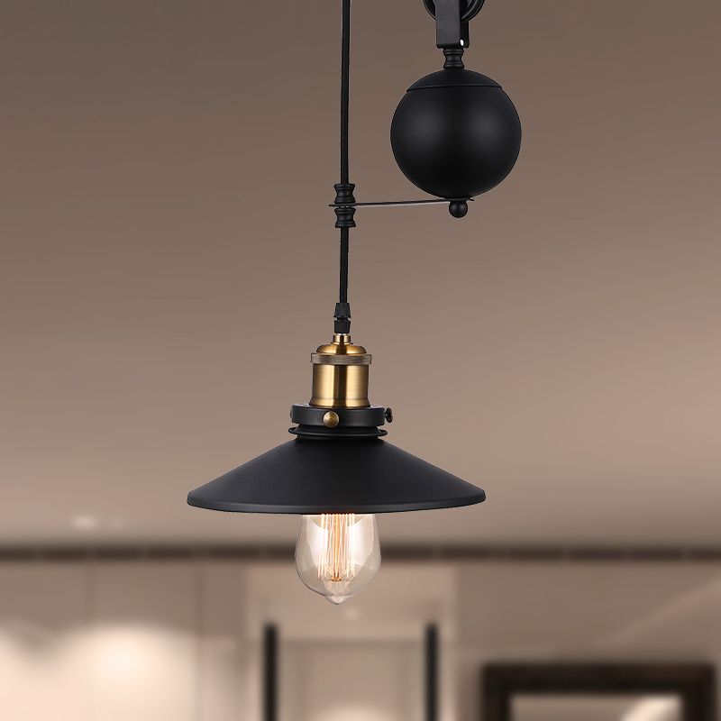 Lampada con soffitto conico nero in stile vintage metallico 1 bulbo soggiorno appeso a sospensione con puleggia