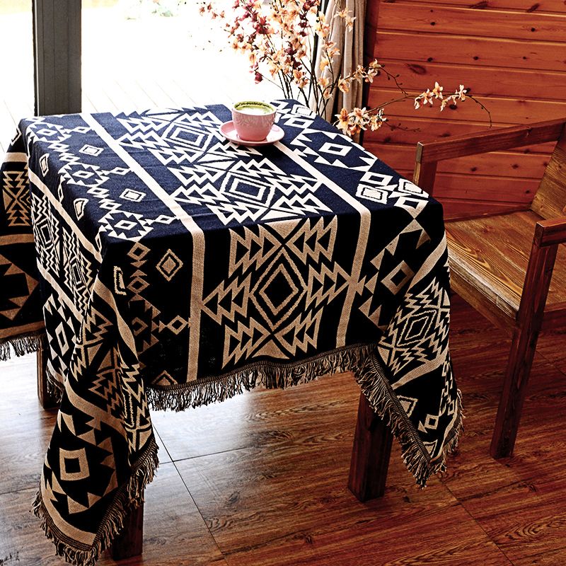Blue and White Boho Rug Synthetics Geometrical Print Carpet Tassel-Trimmed Rug for Dining Room