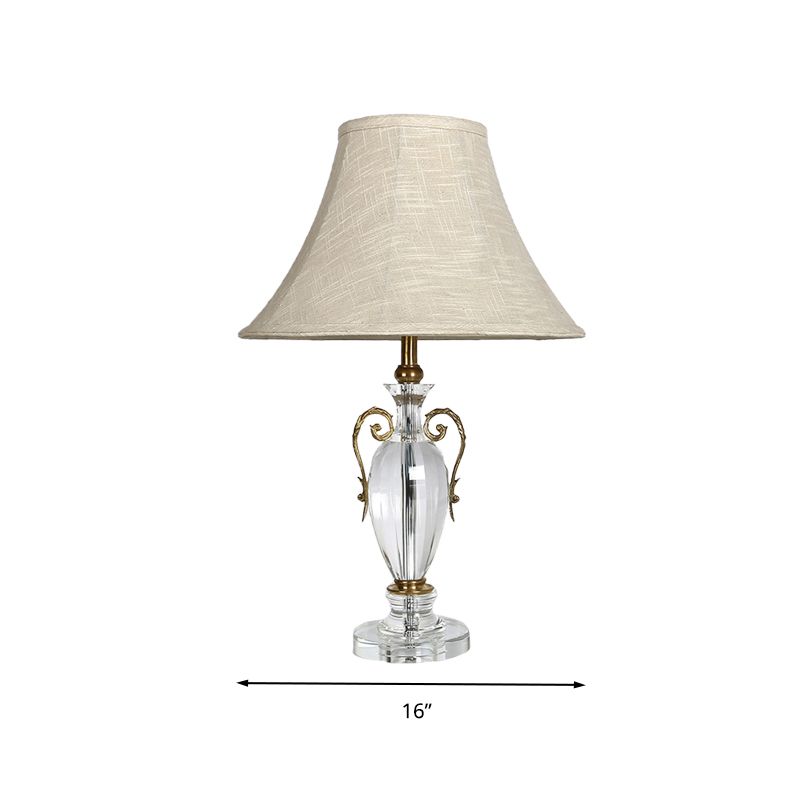 Bell Fabric Night Light Rustic Single Head Bedroom Nightstand Lamp in Beige with Crystal Base