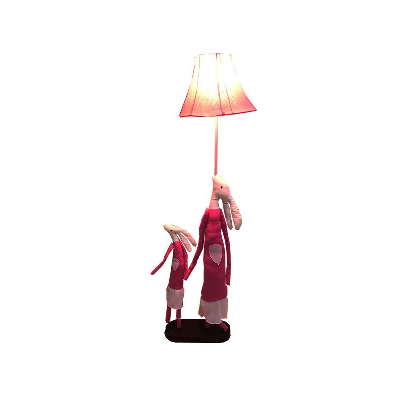 Cartoon 1-Light Floor Lighting Blue/Rose Red Rabbit Mon and Kid Standing Light with Flared Lampshade