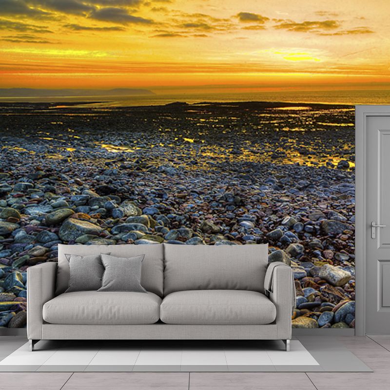 Yellow Sea Sunset Scene Mural Cobblestones Tropics Stain-Proof Wall Covering for Stairs