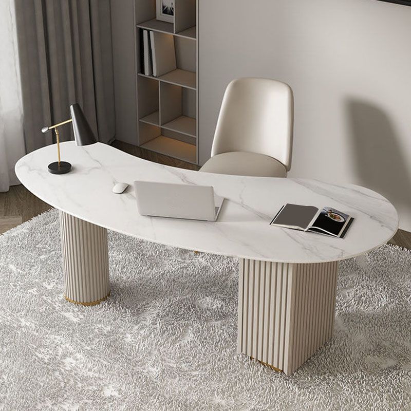 Contemporary Stone Writing Desk Bedroom Office Desk in White with Drawers