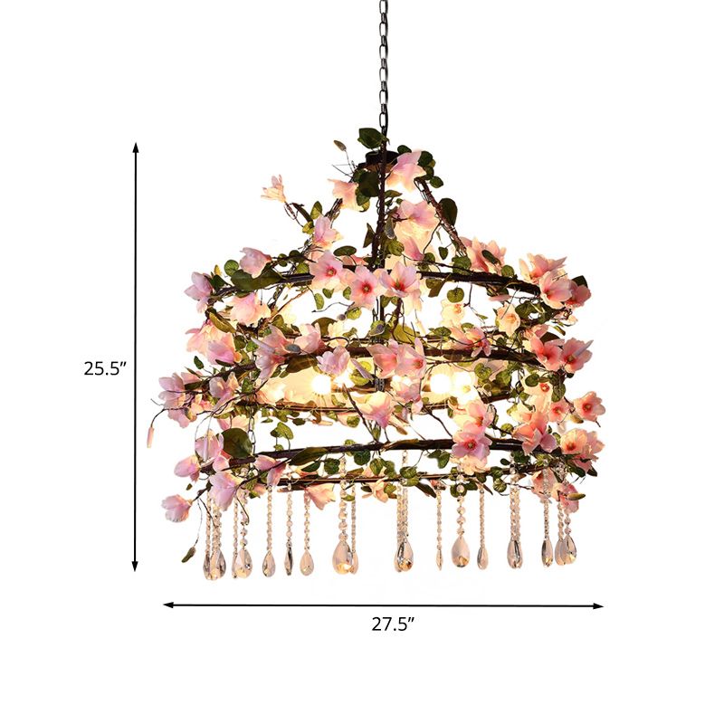 Iron Pink Chandelier Light Fixture 3 Tiers Flower 6 Heads Farm Style Hanging Pendant with Crystal Accent