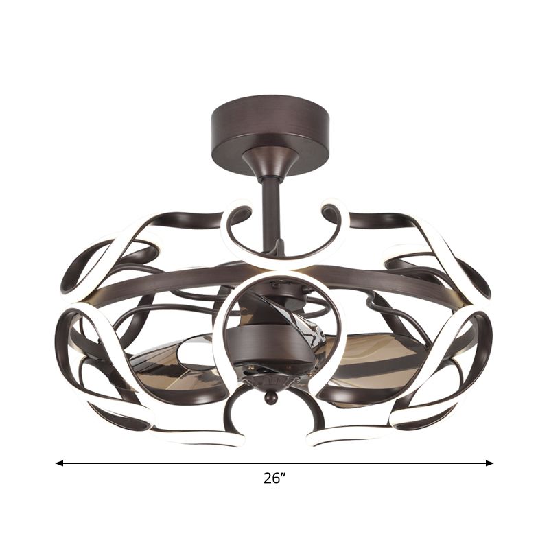 3-Blade Metal Geometry Semi Flush Mount Modernism 26" Wide LED Brown Ceiling Fan Light Fixture