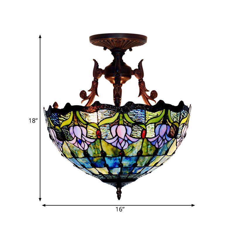 Stained Glass Semi Flush Mount Light Mediterranean 3 Lights Red/Blue Ceiling Lighting for Living Room