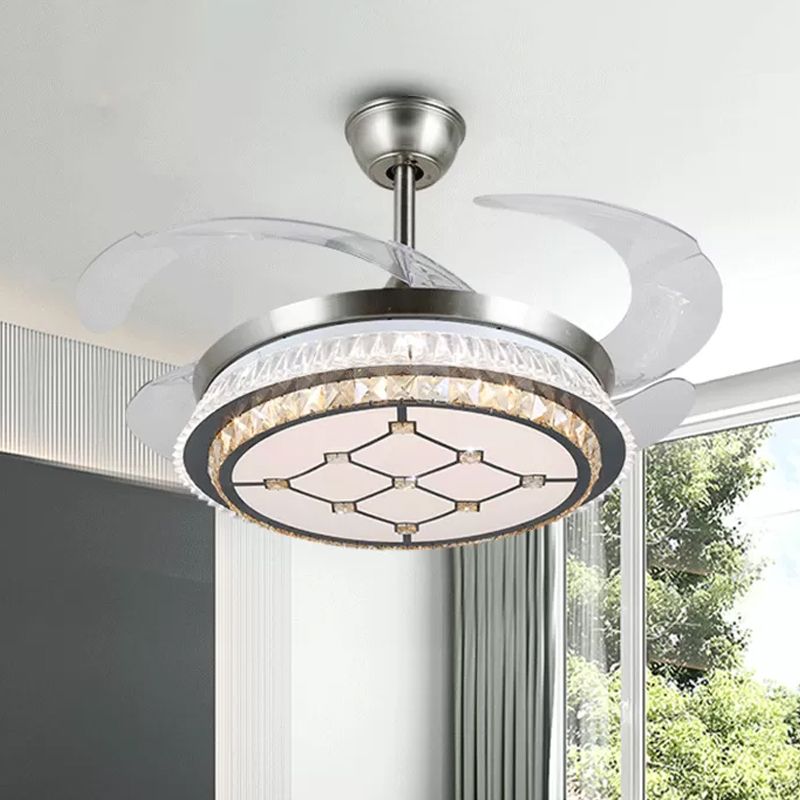 Silver Layered 4 Blades Semi-Flush Mount Modernism LED Crystal Pendant Fan Light Fixture, 19" Wide