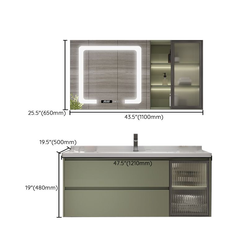 Waterproof Vanity Green Wood Frame Single Sink Drawers Mirror Wall-Mounted Vanity