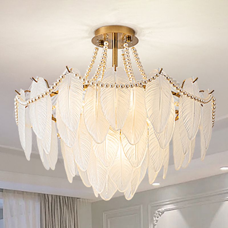 Modern Metal Flush Mount Feather Shape Ceiling Light with Glass Shade for Living Room