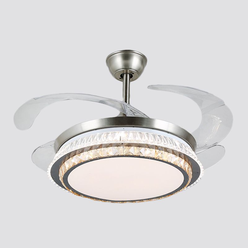 Silver Layered 4 Blades Semi-Flush Mount Modernism LED Crystal Pendant Fan Light Fixture, 19" Wide