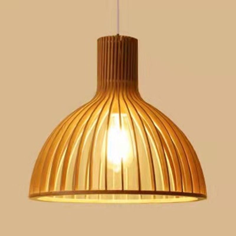 Modern Style Hanging Light Fixture 1-Light Pendant Lamp with Wooden Shade for Bedroom