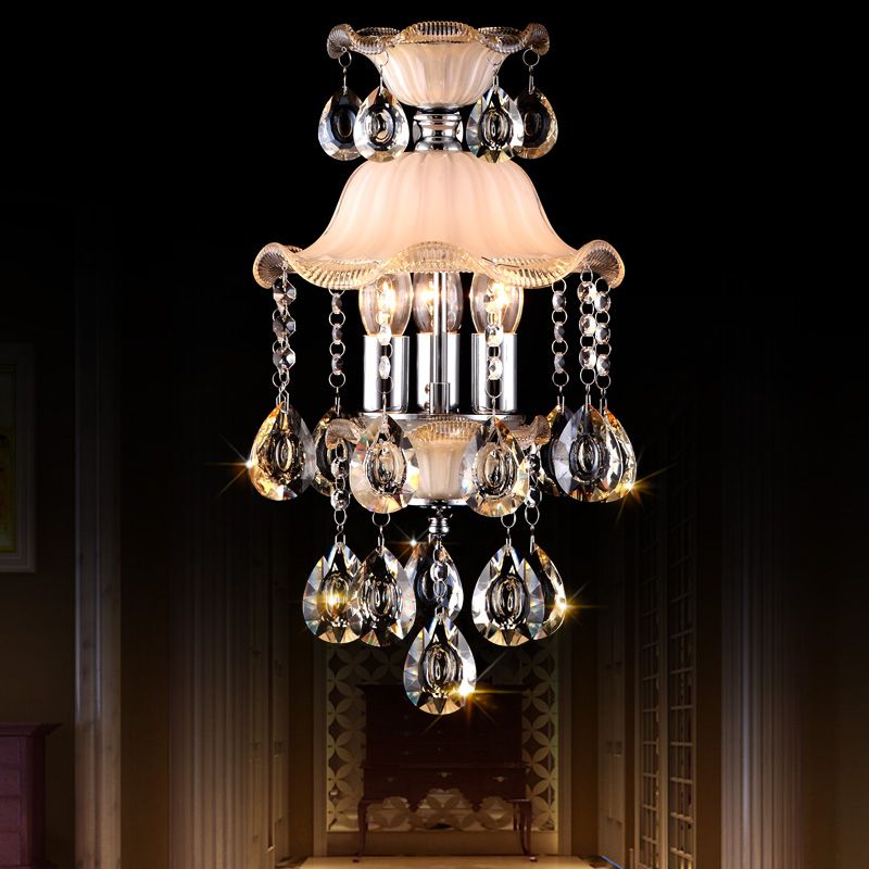 3 Lights Ruffled Edge Hanging Lamp Modern Frosted Glass Ceiling Chandelier Light with Clear Crystal Deco in Champagne