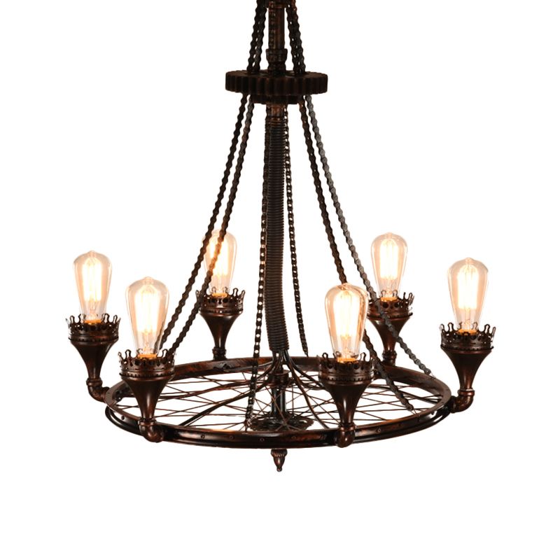 Rust Wheel Chandelier Pendant Light Industrial Metallic 6-Bulb Restaurant Pendulum Lamp with Bicycle Chain