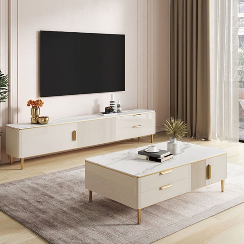 Modern Stone TV Media Console Enclosed Storage Stand Console for Living Room