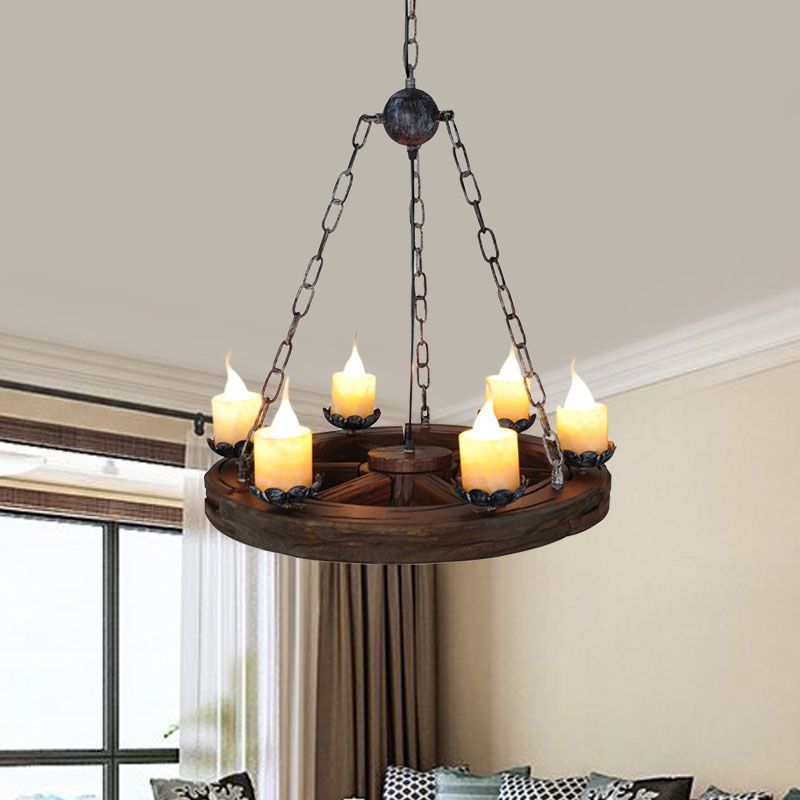 Candelabra Marble Chandelier Lamp Factory 6-Head Living Room Drop Pendant with Wood Wheel Design