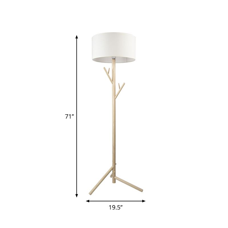 Three-Legged Drum Floor Lighting Minimalist Fabric 1 Head Bedroom Floor Lamp with Wood Coat Rack