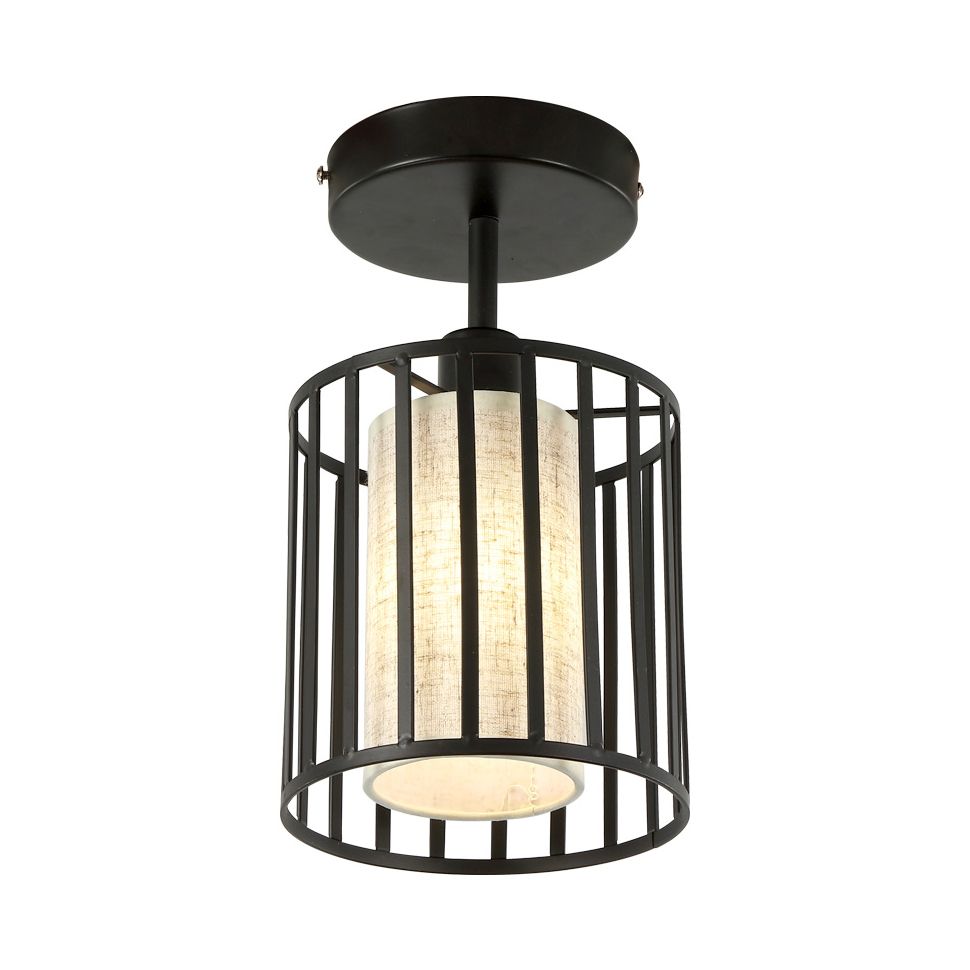 Conical/Cylindrical Shade Ceiling Flush Mount with Metal Cage Simple 1 Bulb Semi-Flushmount Lamp in Black Finish