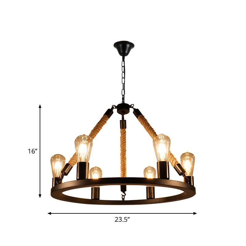 Lámpara de lámpara de metal de bulbo abierto industrial lámpara colgante de cuerda de comedor de 6/8 luces en negro con diseño de anillo