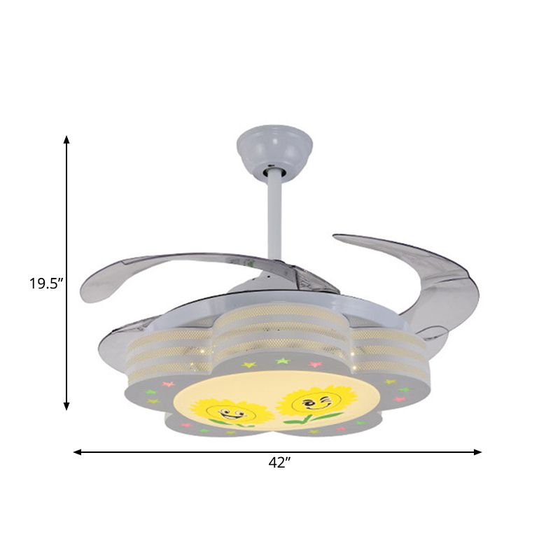 42 "brede LED -slaapkamer semi -spoeling Noordse kinderstijl Wit 3 Blades hangerse ventilatorlicht met bloemenvorm metallic schaduw