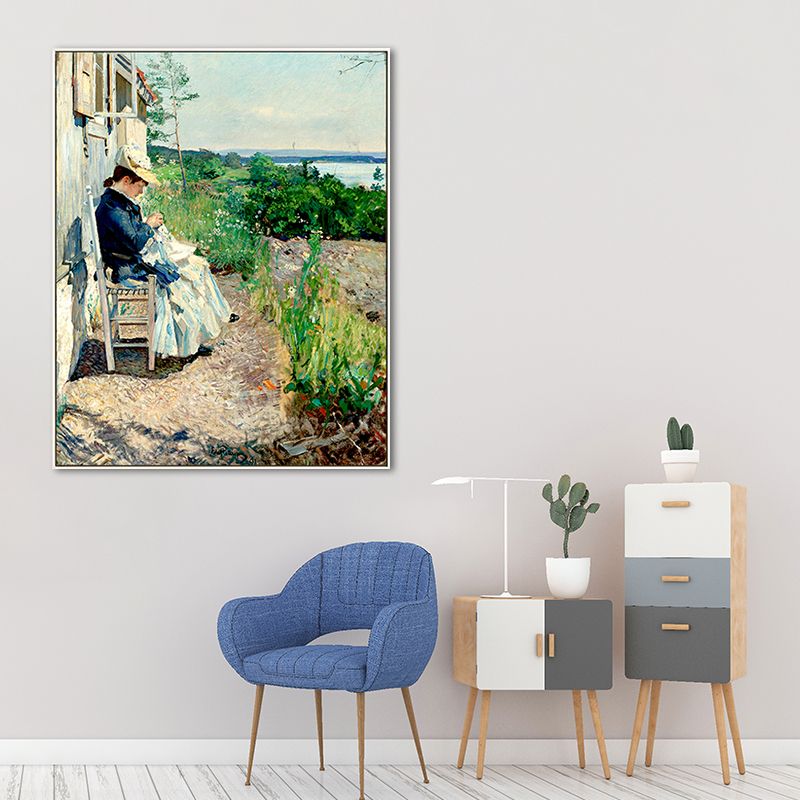 Woman Sewing in Courtyard Canvas Wall Art Green Farmhouse Painting for Living Room