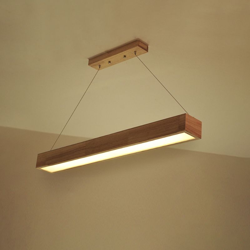 Beige Linear LED Pendant Light Modern 1-Head Wood Hanging Ceiling Lamp in Warm/White Light, 23.5"/35.5"/47" Wide