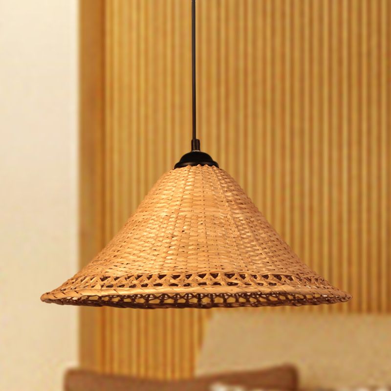 Asia Cone Hat Hanging Light Bamboo 1-Light Dining Room Ceiling Pendant Lamp in Brown