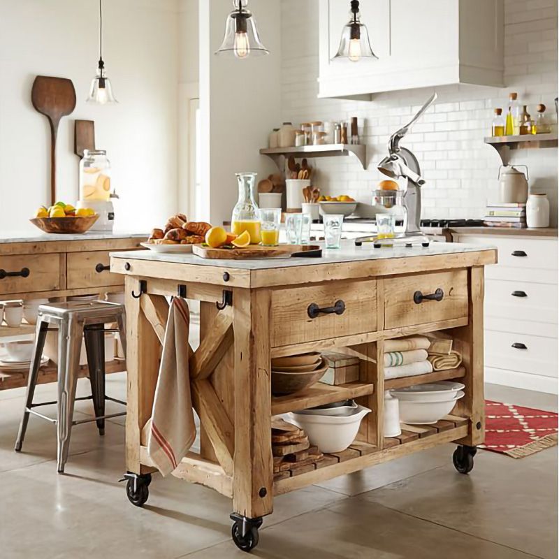 Modern Rectangle Kitchen Cart with Pine Wood Base and 2 Drawers