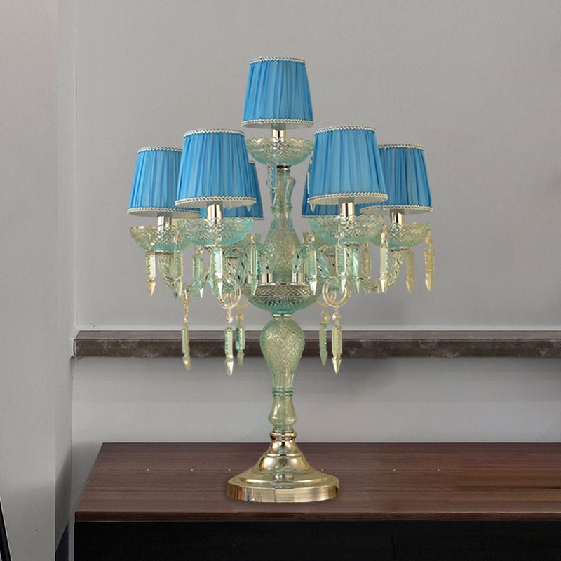 Crystal Blue Nightstand Lamp Candlestick 5/6/7 Bulbs Traditional Sleeping Room Table Light with Barrel Fabric Shade