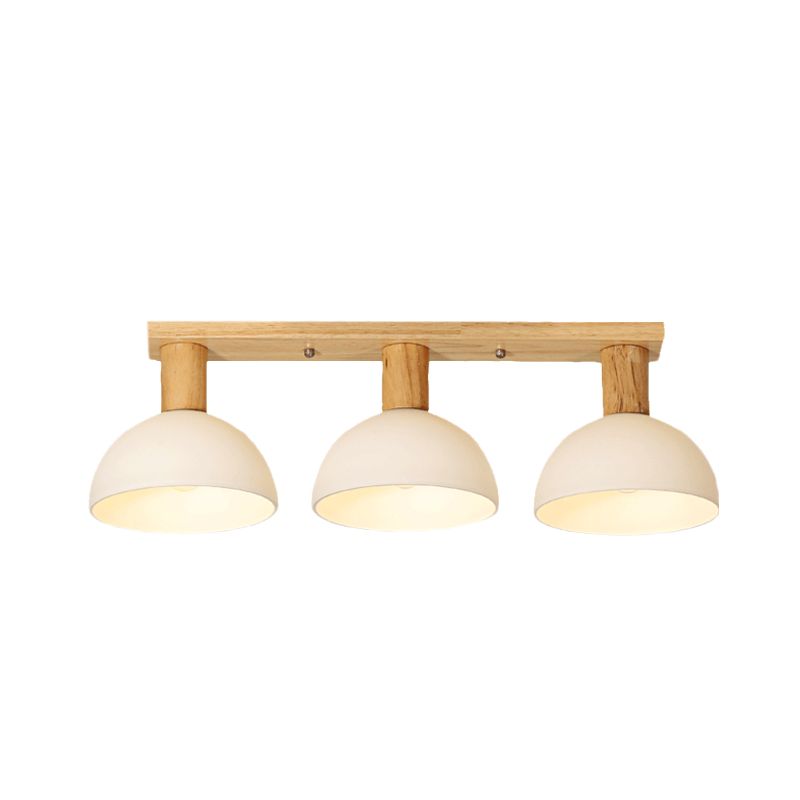 Domed Semi Flush Lighting Modern White Glass 3 Heads Wood Ceiling Mounted Lamp with Linear Design