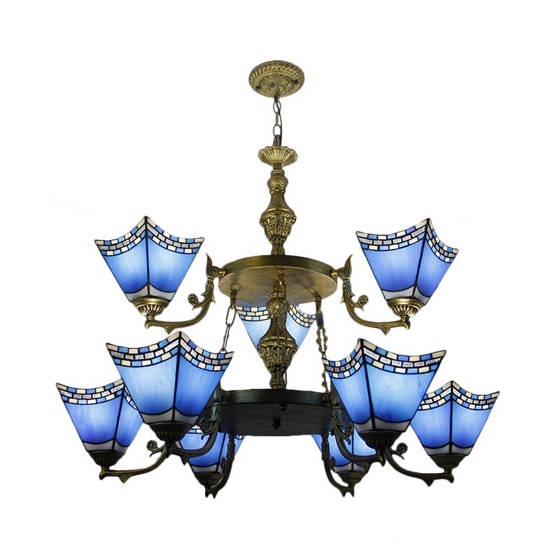 Pyramide nautique Pyramide Lampe 2 Tier Blue Verre 9 Lumières Chandelier avec chaîne métallique en bleu