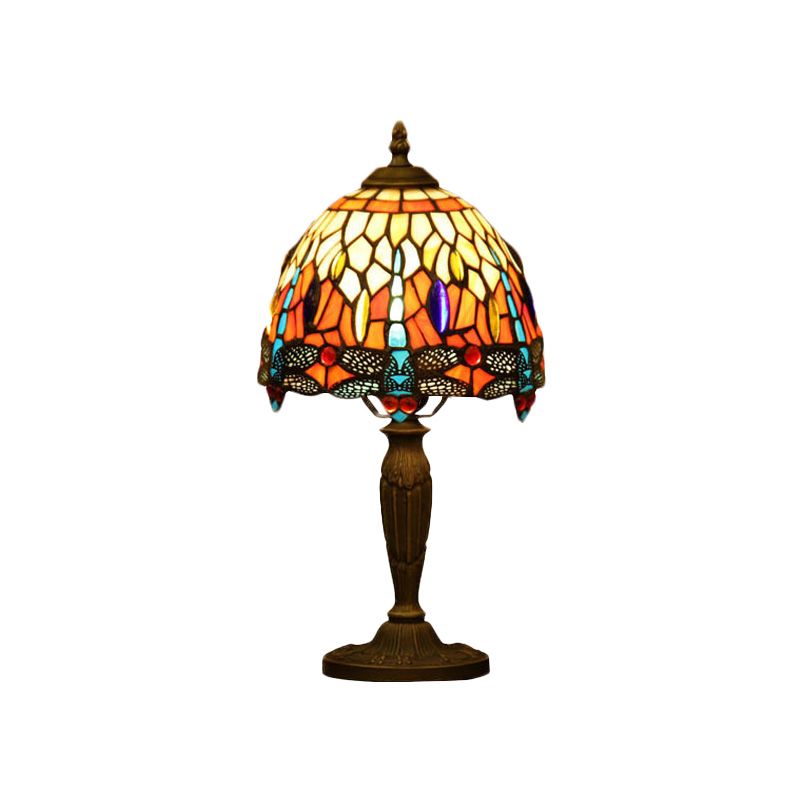 1-Light Bowl Night Lamp Mediterranean Orange/Blue/Green Cut Glass Dragonfly Patterned Desk Lighting for Coffee Shop