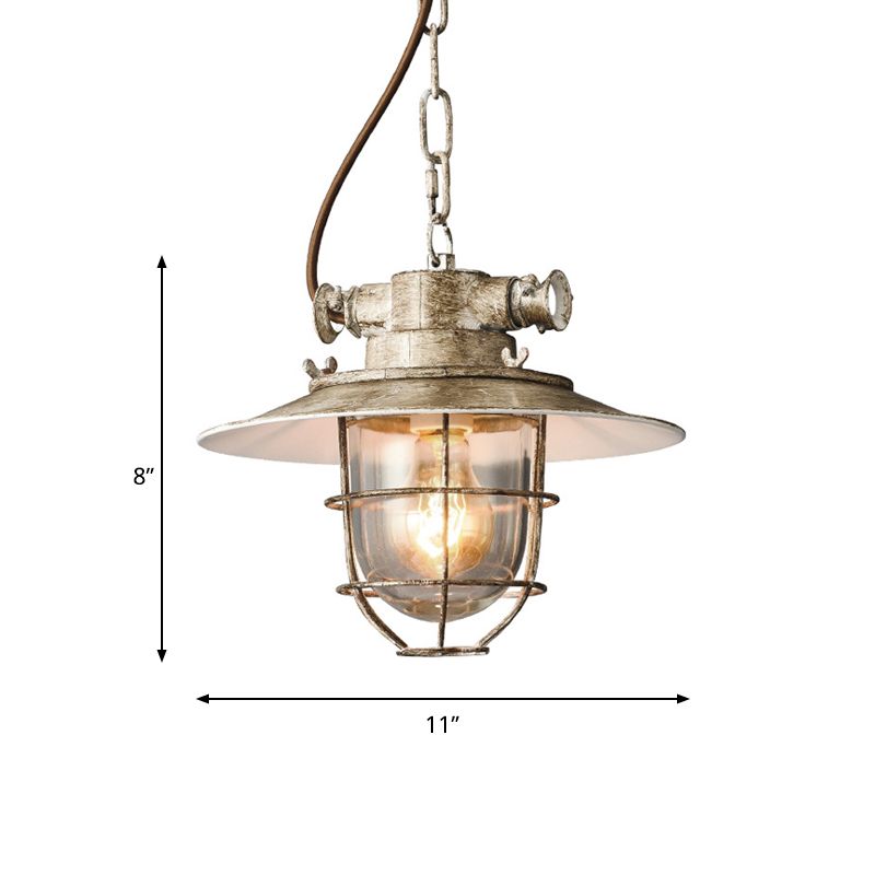 Aged Silver 1-Head Down Lighting Industrial Metallic Wire Cage Hanging Lamp Kit with Clear Glass Shade