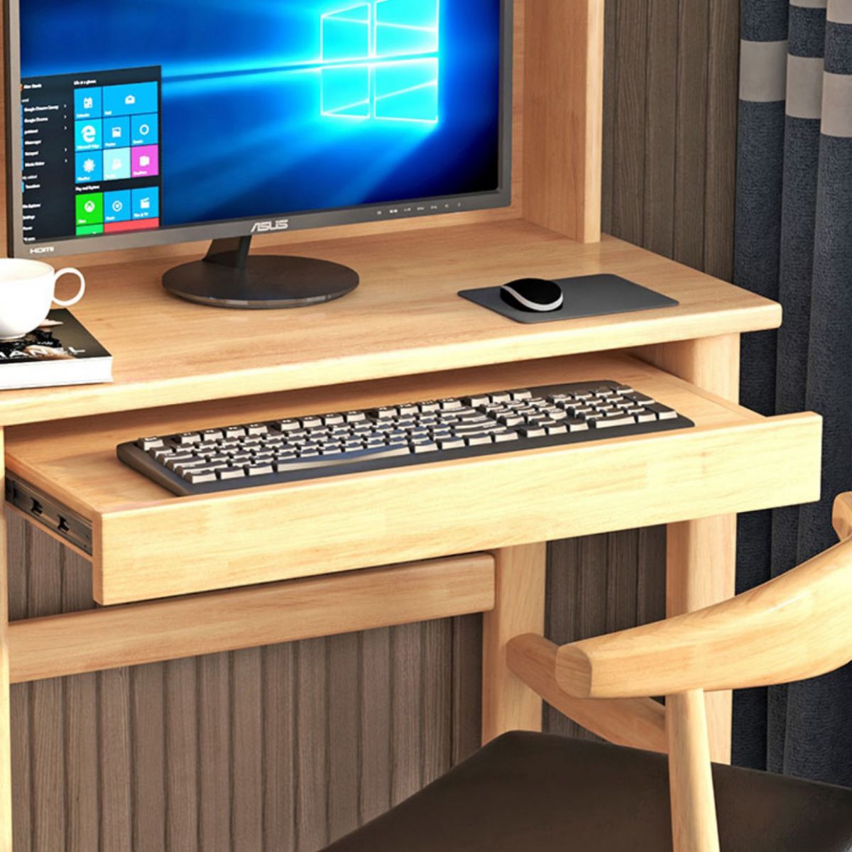 Solid Wood Study Desk Home Keyboard Tray Writing Desk with Bookshelf