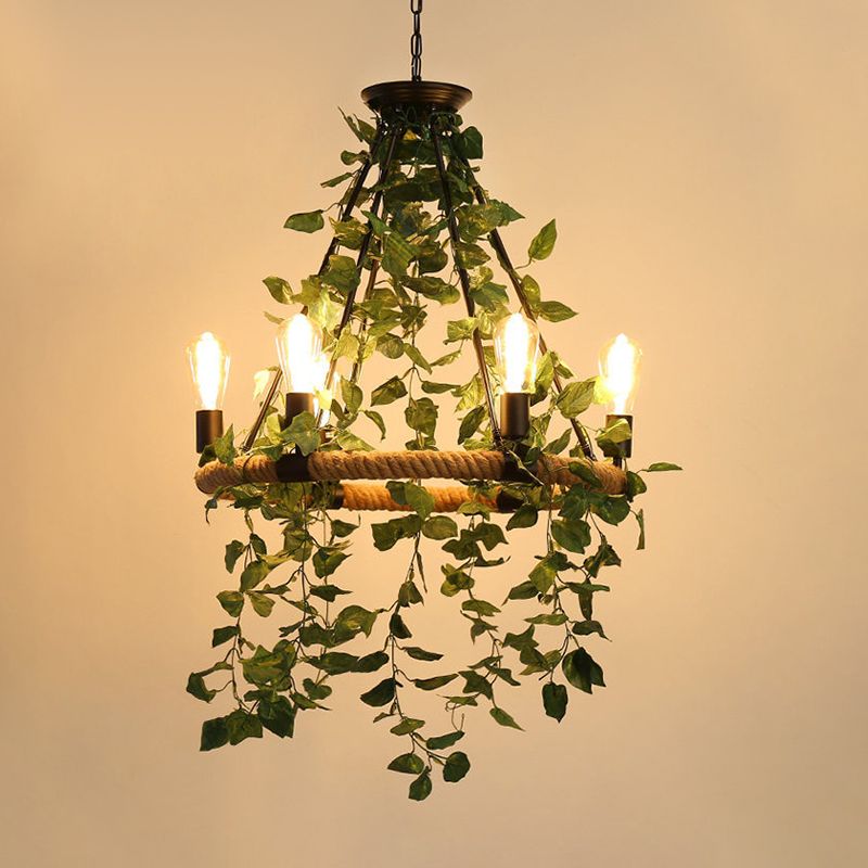 Green 6/8/14 Heads Suspension Lighting Industrial Metal Round Chandelier Light with Plant Decoration