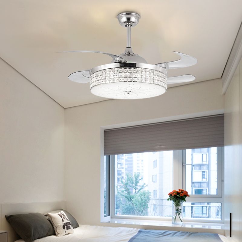 Crystal Round Ceiling Fan Light Contemporary LED Ceiling Mounted Fixture in Silver/Gold with Remote Control/Wall Control/Remote Control and Wall Control