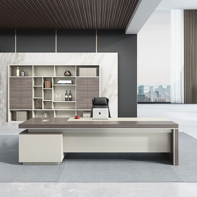 Grey Wooden Office Desk Contemporary Pedestal Desk with Cabinet