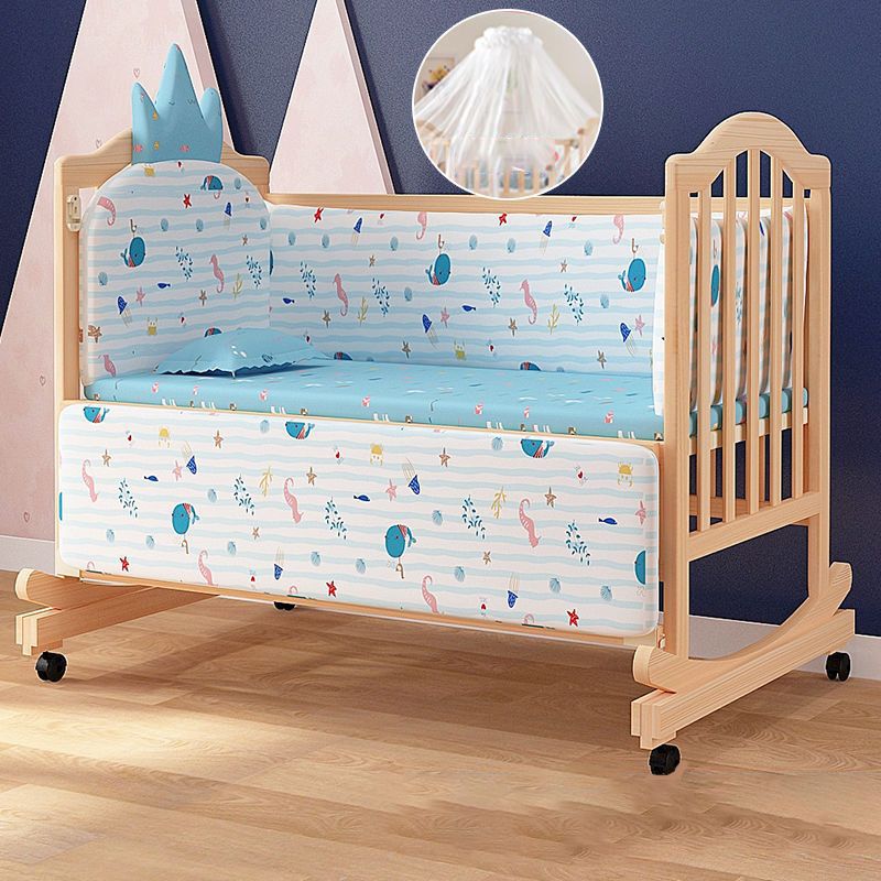 Wood Convertible Baby Crib Nursery Crib with Guardrail and Wheels