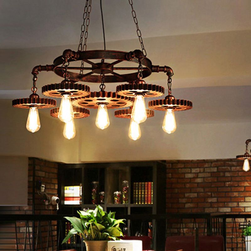 Industrial Style Wrought Iron Hanging Chandelier Bronze Ceiling Hanging Light Fixture for Bar