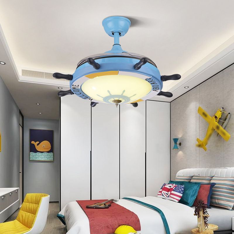 Blue Rudder Pendant Fan Lamp Mediterranean Metal LED Semi Flush Light with Dome Shade