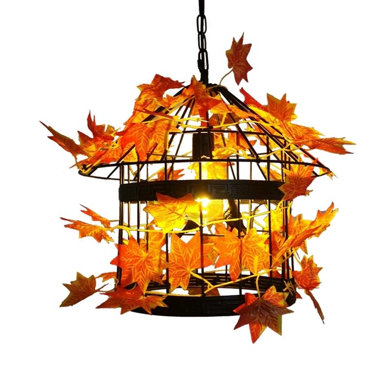 1 Bulb House Hanging Pendant Vintage Black Metal LED Ceiling Hang Fixture with Maple Leaf for Restaurant