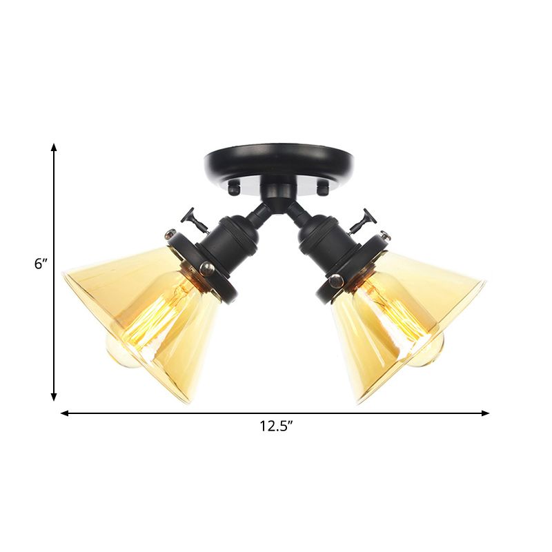 2 heads Restaurant Affaretto del soffitto Lampada vintage Black/Bronze Semi Flush Mount Light con ambra conico/Glass Clear The