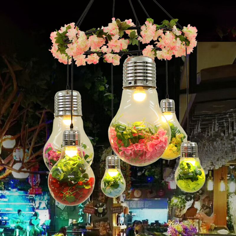 Black 6 Heads Cluster Pendant Industrial Clear Glass Bulb Shape LED Flower Suspension Light for Restaurant