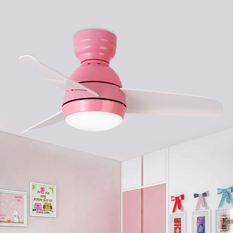 33.5" W LED Ceiling Fan Light Kids Dome Metal Semi Flushmount in Pink/Green/White with 3 White Plastic Blades, Wall/Remote Control