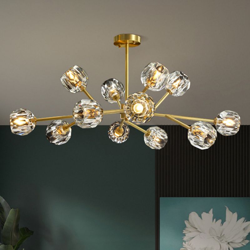 Branche salon Suspension Light Metal Metal Artistic Chandelier Light avec une nuance de cristal à facettes en or