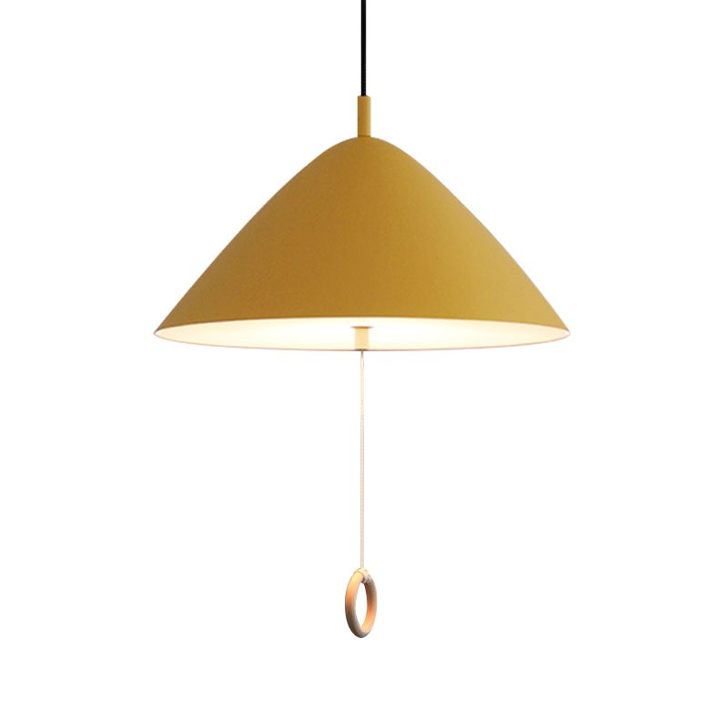 Conical Pull-Chain Hanging Pendant Macaron Metal 1 Bulb Dining Room Ceiling Suspension Lamp in Yellow