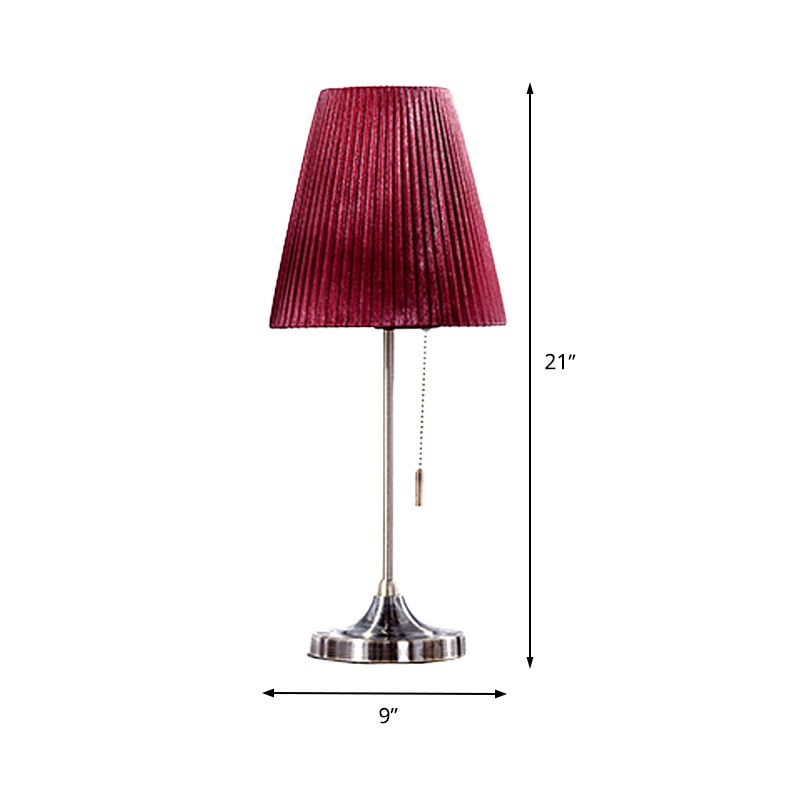 Red Tapered Nightstand Lamp Modernist 1 Bulb Fabric Task Lighting with Pull Chain