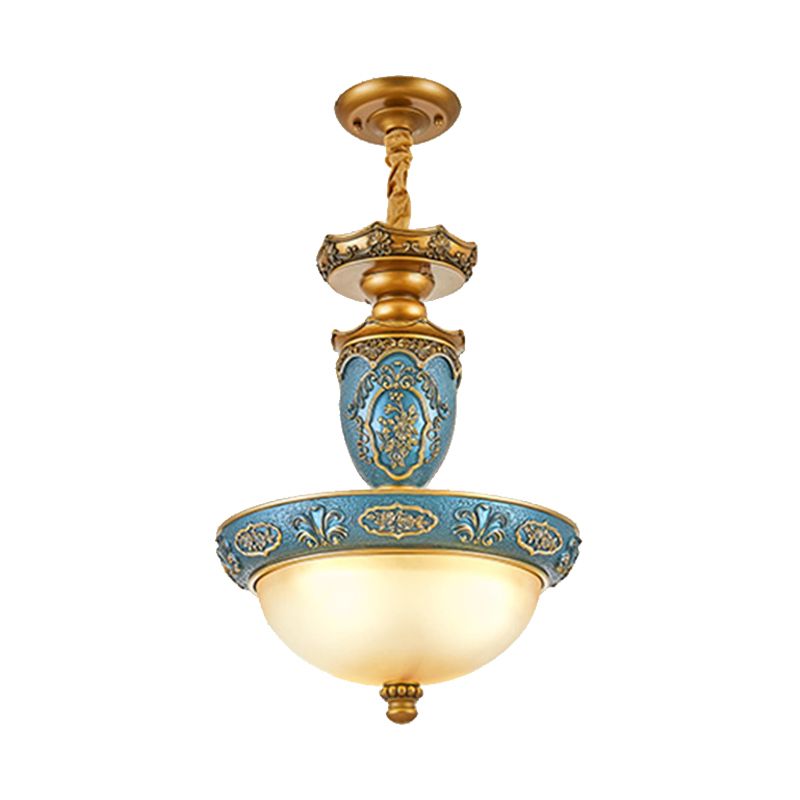 Ferme légère en verre givré Ferme légère 3 bulbes lampe plafond de salle à manger avec fleur de sculpture en bleu, 14,5 "/ 19" de largeur