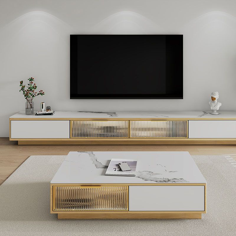 17.13"H TV Stand Glam Style Enclosed Storage White TV Console with Drawers