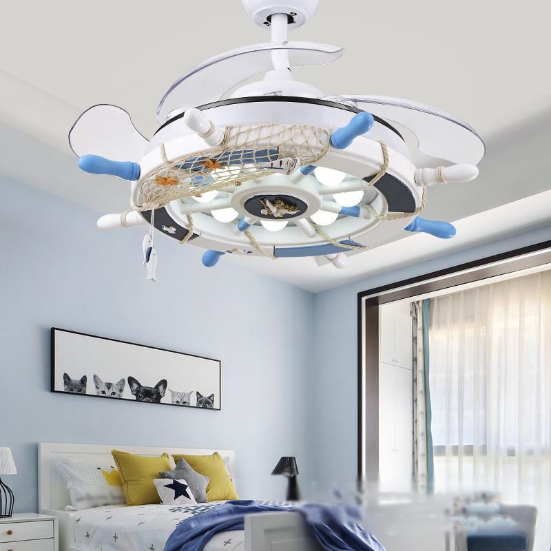 Mediterranean LED Pendant Fan Lighting Rudder Shaped Semi Flush Light with Metal Shade